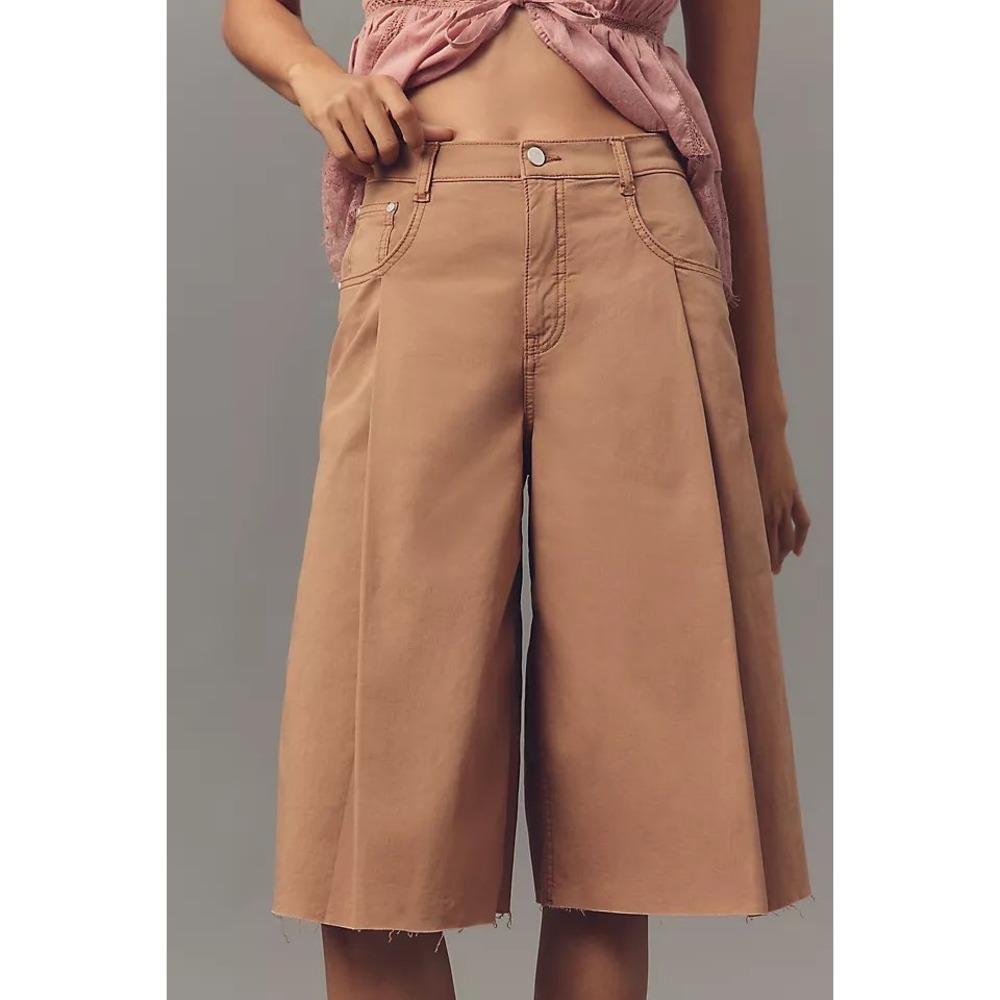 Pilcro Anthropologie Linen Blend Pleated Wide Leg Culotte Pants Tan 30 NEW - Picture 3 of 9